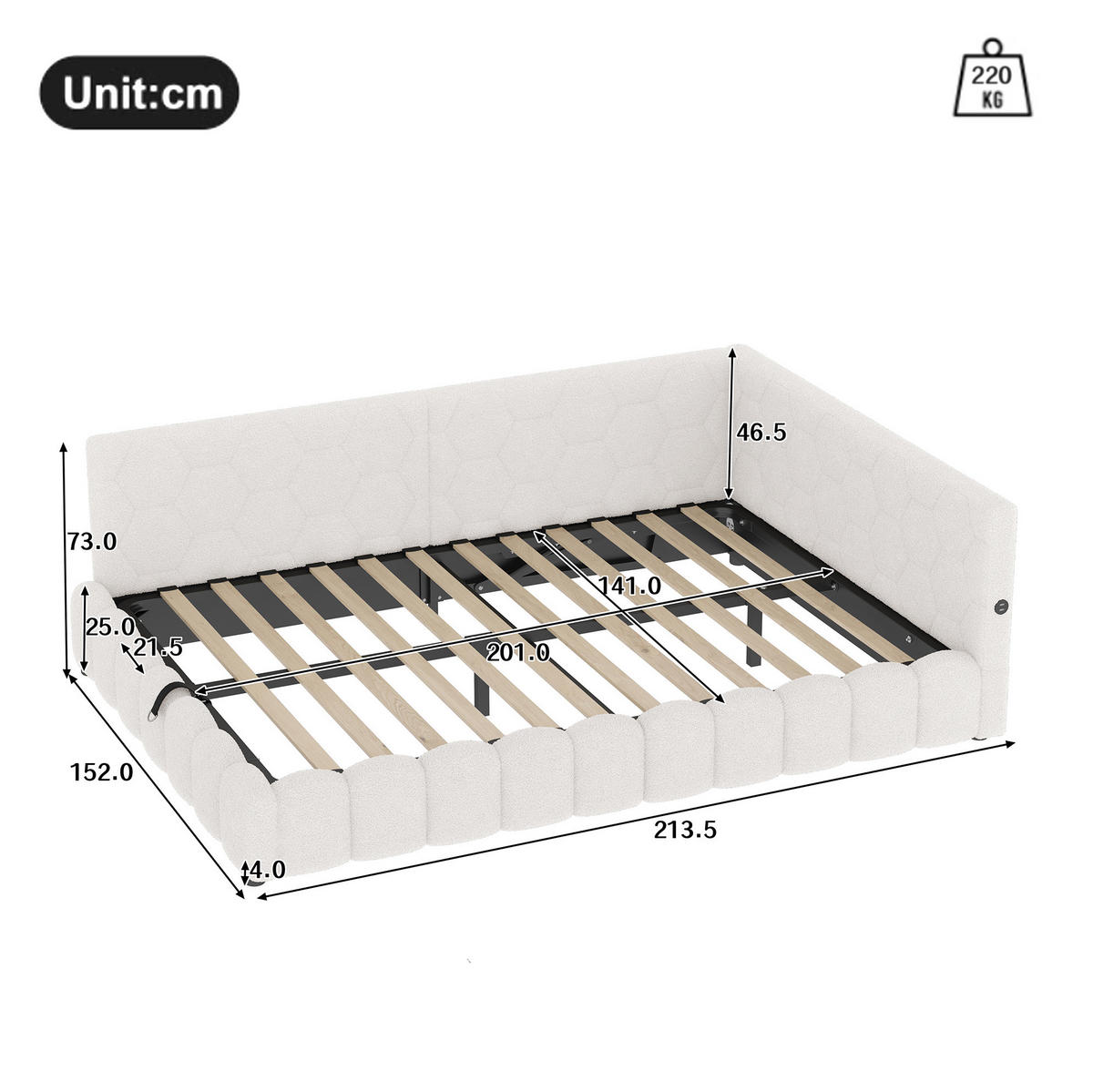 TAGESBETT 140/200 cm mit LED-Lichtleiste, USB, Typ-C und hydraulischem Bettkasten, Weiß - Weiß, Textil (140/200cm) - Redom