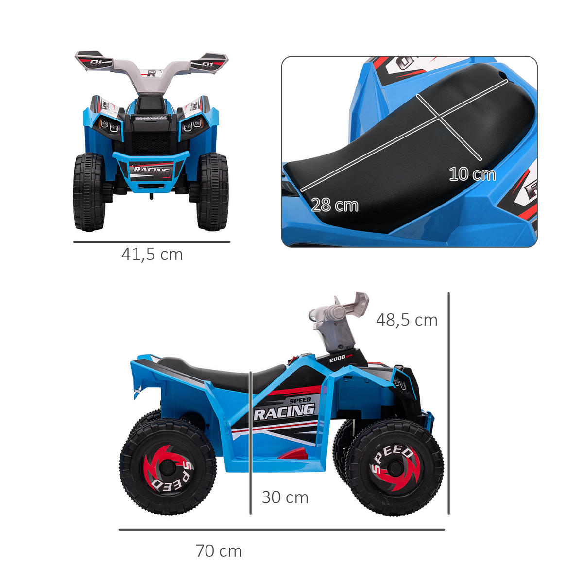 MINI ELEKTRO-QUAD KINDER, Blau/Rosa/Weiß, Kunststoff+ Metall - Blau, Metall (70/41.5/48.5cm) - HOMCOM