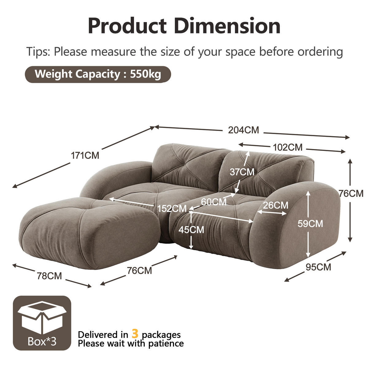 ECKSOFA 204×171×76 cm aus Chenille rahmenlos modular mit Hockern, braun - Braun, Textil (171/204cm) - Luhomfu