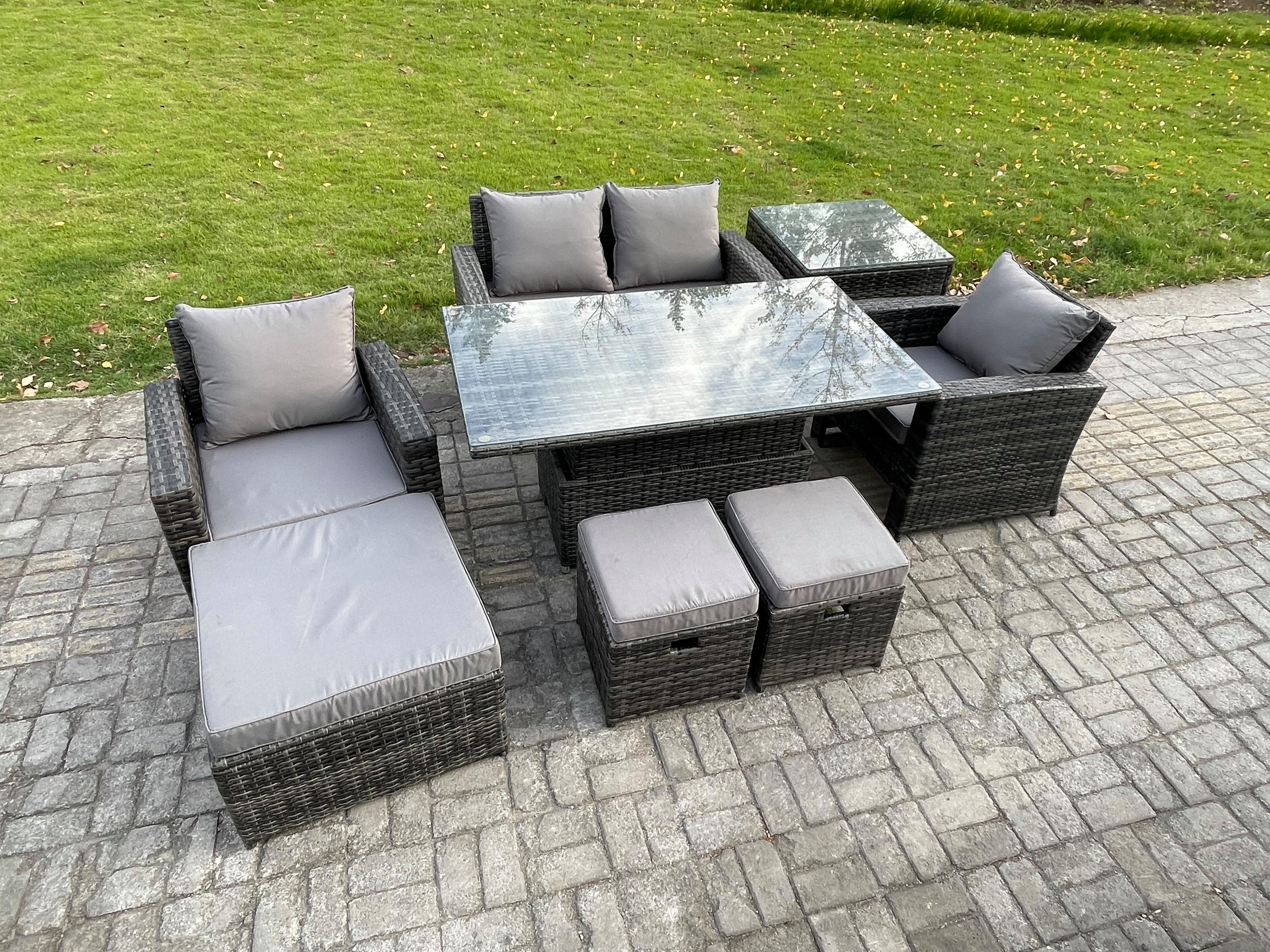 GARTENMÖBEL SET mit höhenverstellbarer Tisch Polyrattan Dunkelgrau 7-Sitzer - Dunkelgrau, Metall - Fimous