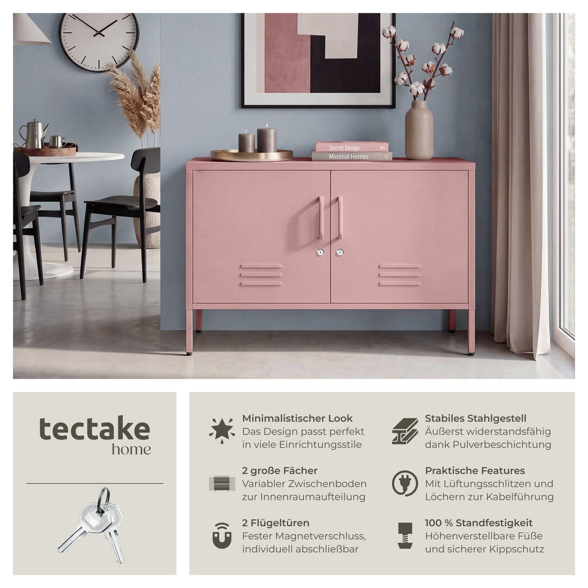 SIDEBOARD Baker, Kippschutz, höhenverstellbare Füße, rosa - Rosa, Metall (100/65/42.5cm) - tectake
