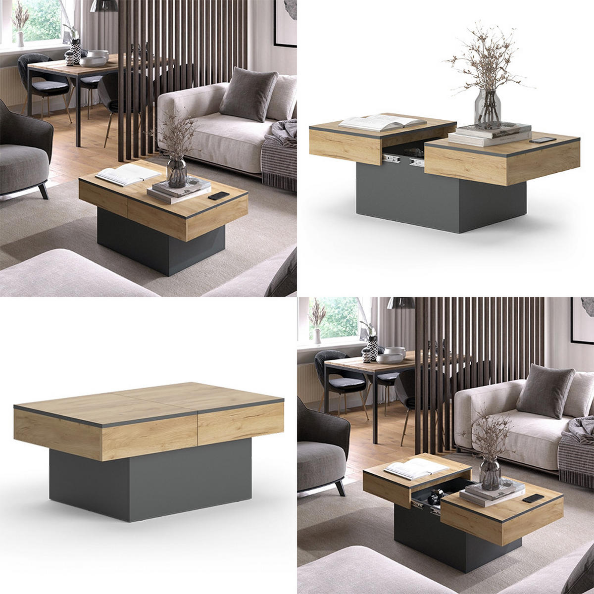 COUCHTISCH Boto Anthrazit/Goldkraft Eiche 95 x 58 cm Ausziehbar - Anthrazit/Eiche Wotan, Holzwerkstoff (58/95/40cm) - Vicco