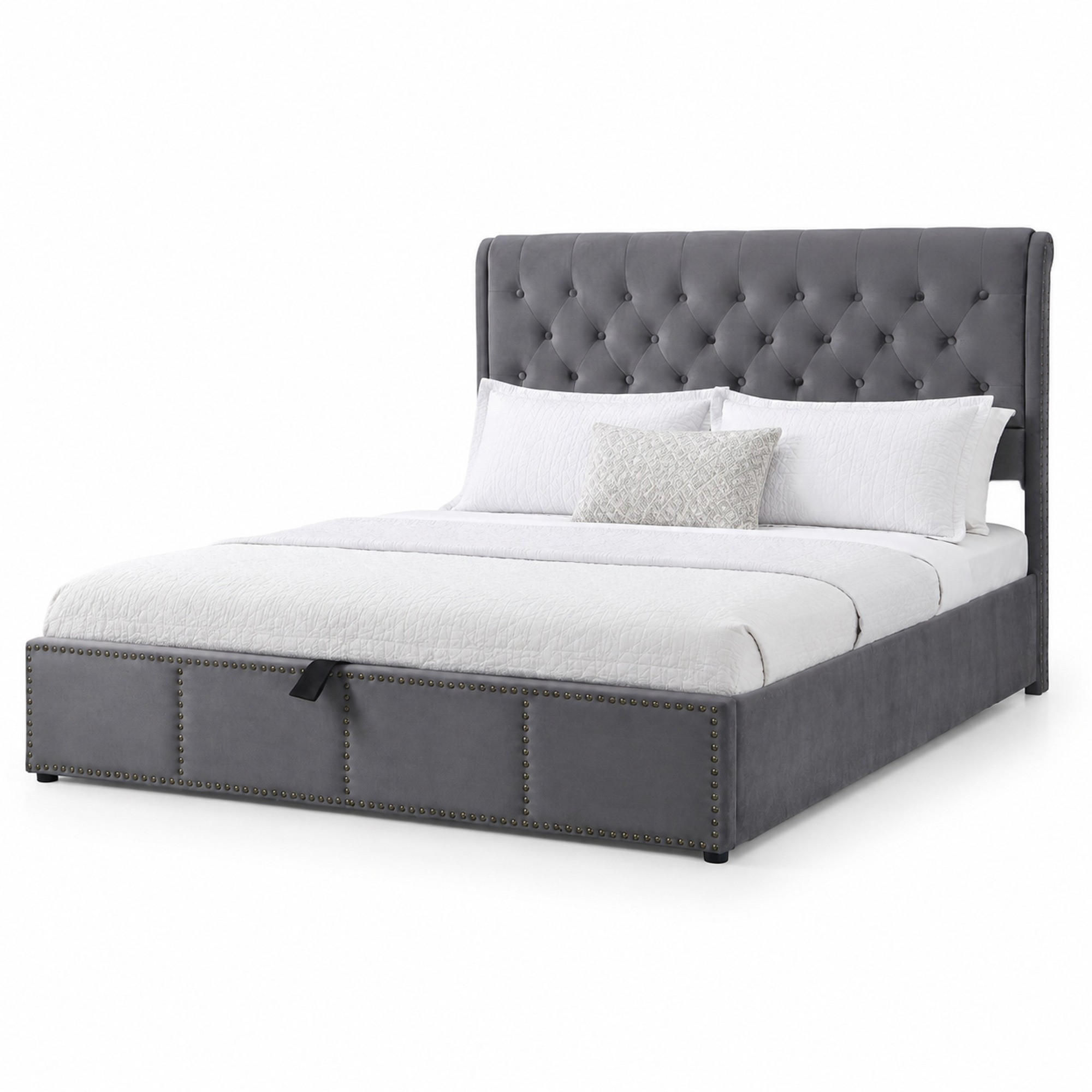 ČALOUNĚNÁ POSTEL 140/190 cm v šedé barvě ze sametu s úložným prostorem - šedá, kov/kompozitní dřevo (140/190cm) - CHICFURN