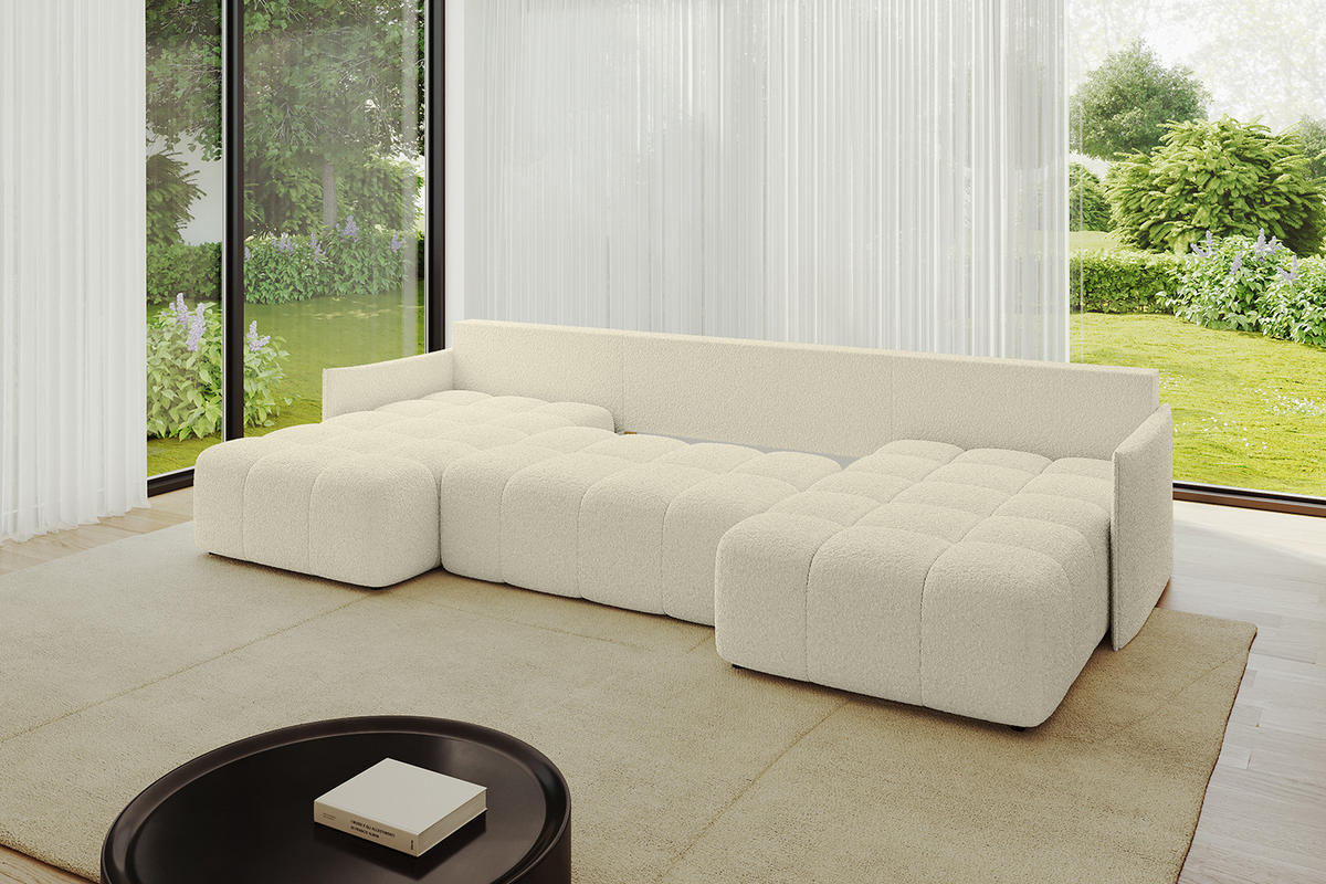 WOHNLANDSCHAFT LONLI-U 355x189x68 Beige Bouclé - Hellbraun/Creme, Holzwerkstoff/Kunststoff (355/68/189cm) - ALTDECOR