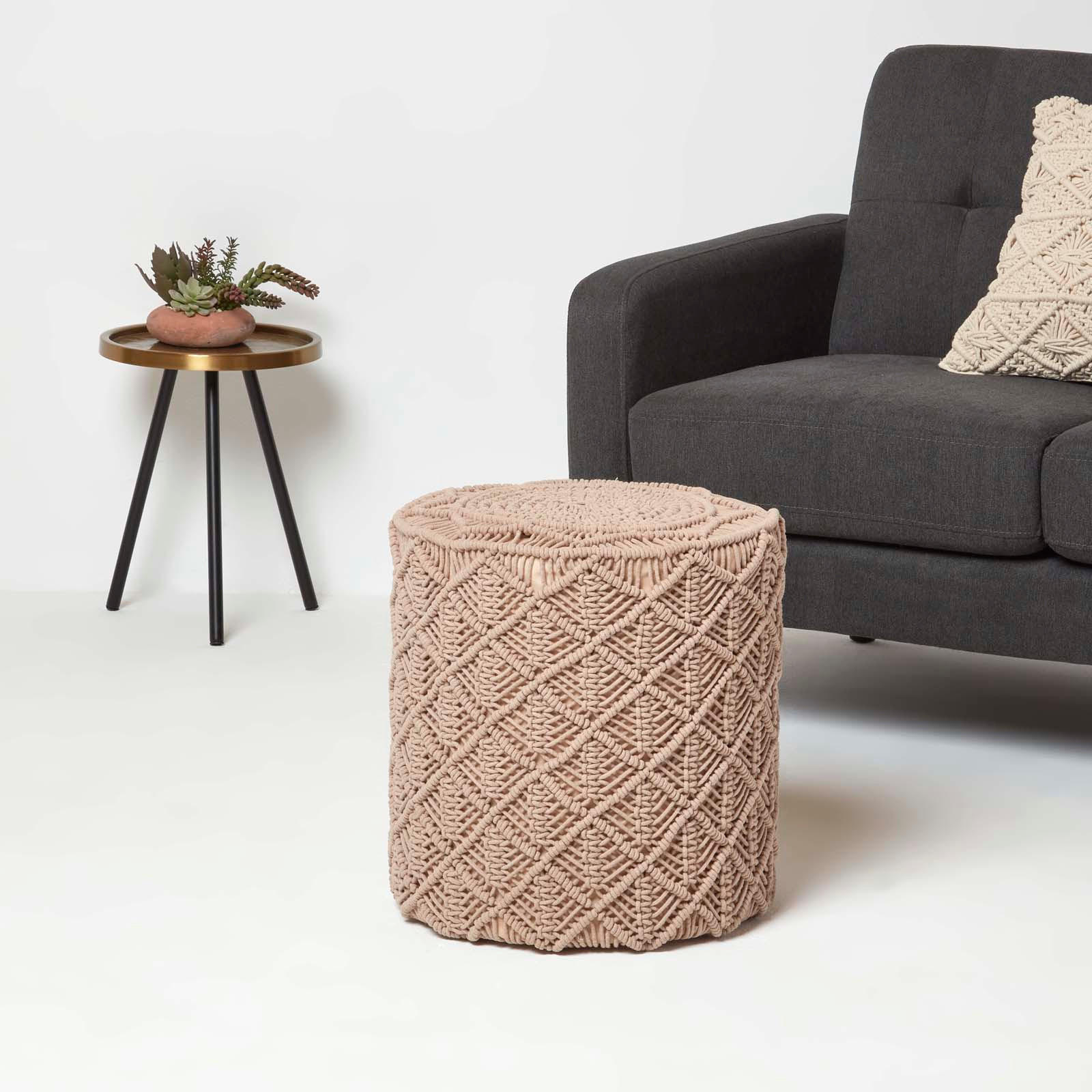SITZPOUF Delilah rund, hellbraun im Makramee-Stil, 40/40/42 cm - Hellbraun, Textil (40/42/40cm) - Homescapes