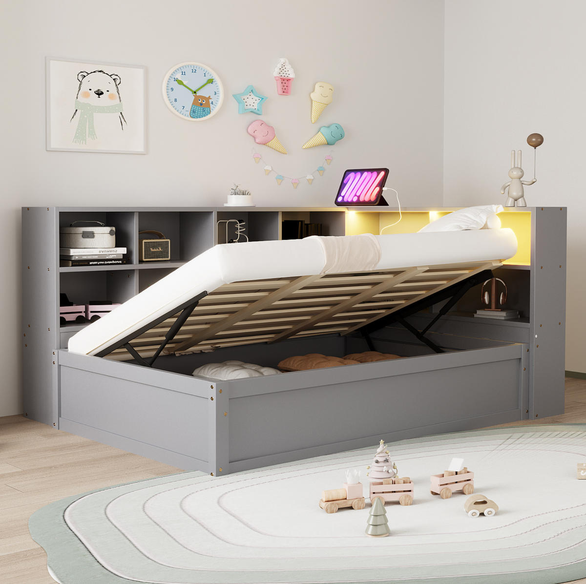 BETT 90/200 cm Grau aus Holz mit LED-Lichtleiste und Stauraum - Grau, Holz (90/200cm) - OKMYHOME