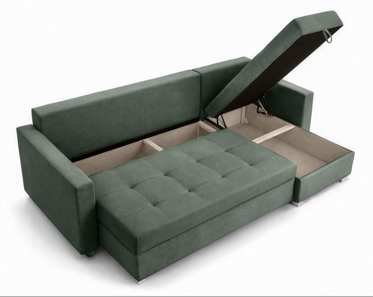 ECKSOFA Universelle L Form Elif Grün 220/140/85 cm stilvolle mit Schlaffunktion - Silberfarben/Grün, Kunststoff/Textil (220/140cm) - AX Living
