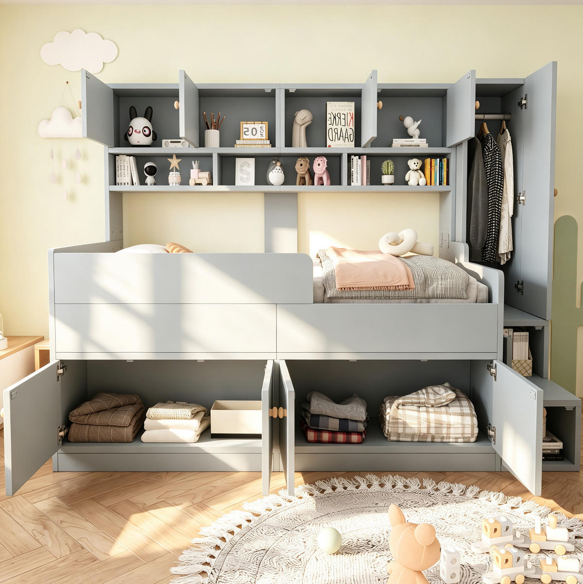 KINDERHOCHBETT 90x200 cm in Grau mit Stauraum, Kleiderschrank und LED-Beleuchtung - Grau, Holz (90/200cm) - IVMEU