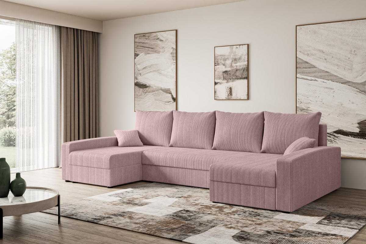 WOHNLANDSCHAFT mit Schlaffunktion und Bettkasten ALESIA-U 301x140x90 cm Rosa Cord - Silberfarben/Rosa, Holzwerkstoff/Kunststoff (301/90/140cm) - ALTDECOR