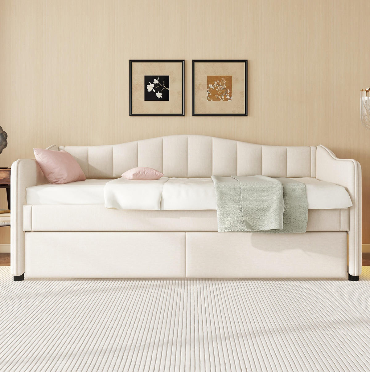 POLSTERBETT 90/200 cm Beige mit Ausziehbett und LED-Beleuchtung aus Leinen und MDF - Beige, Textil (90/200cm) - OKWISH