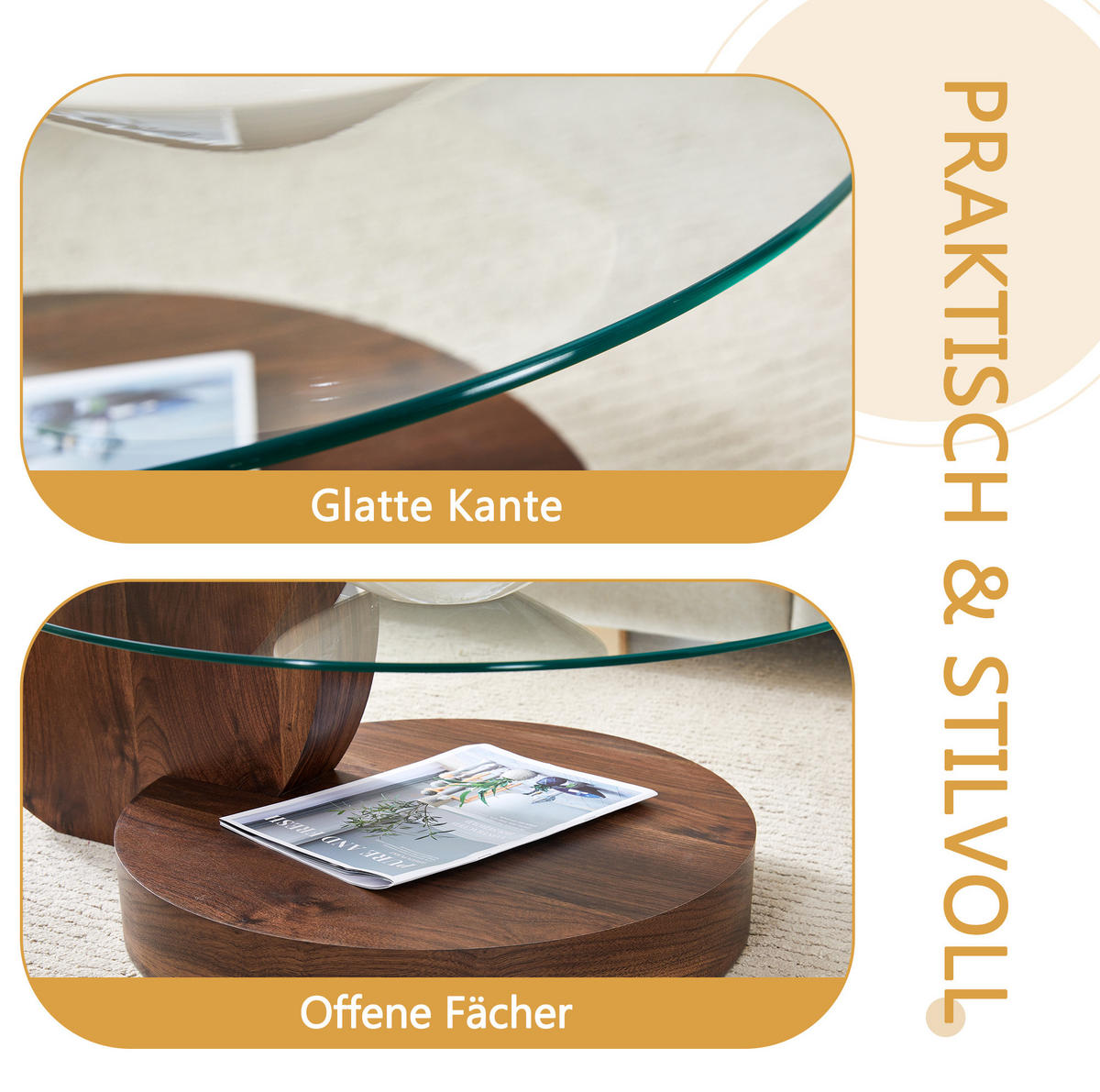 COUCHTISCH 70/90/44 cm mit Glasplatten, mehrstufige Ablage und MDF-Gestell in Holzoptik, Transparent/Walnuss - Walnussfarben, Holzwerkstoff (90/70/44cm) - Redom