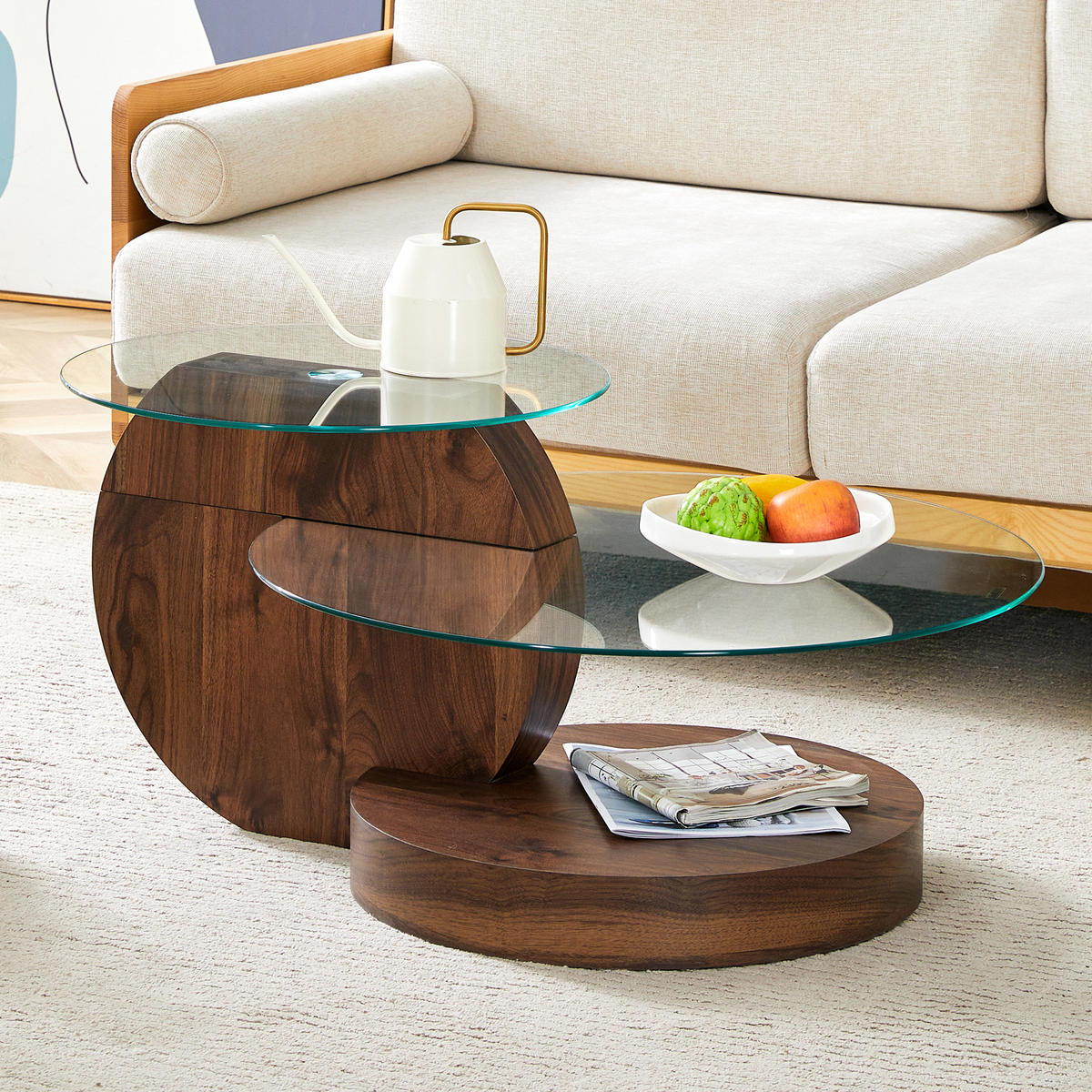 COUCHTISCH in Walnussfarbe und Weiß Wohnzimmertisch mit zwei Ebenen aus Sicherheitsglas für Wohnzimmer, B90/T70/H44 cm - Transparent/Walnussfarben, Glas/Holzwerkstoff (70/90/44cm) - STILVORA