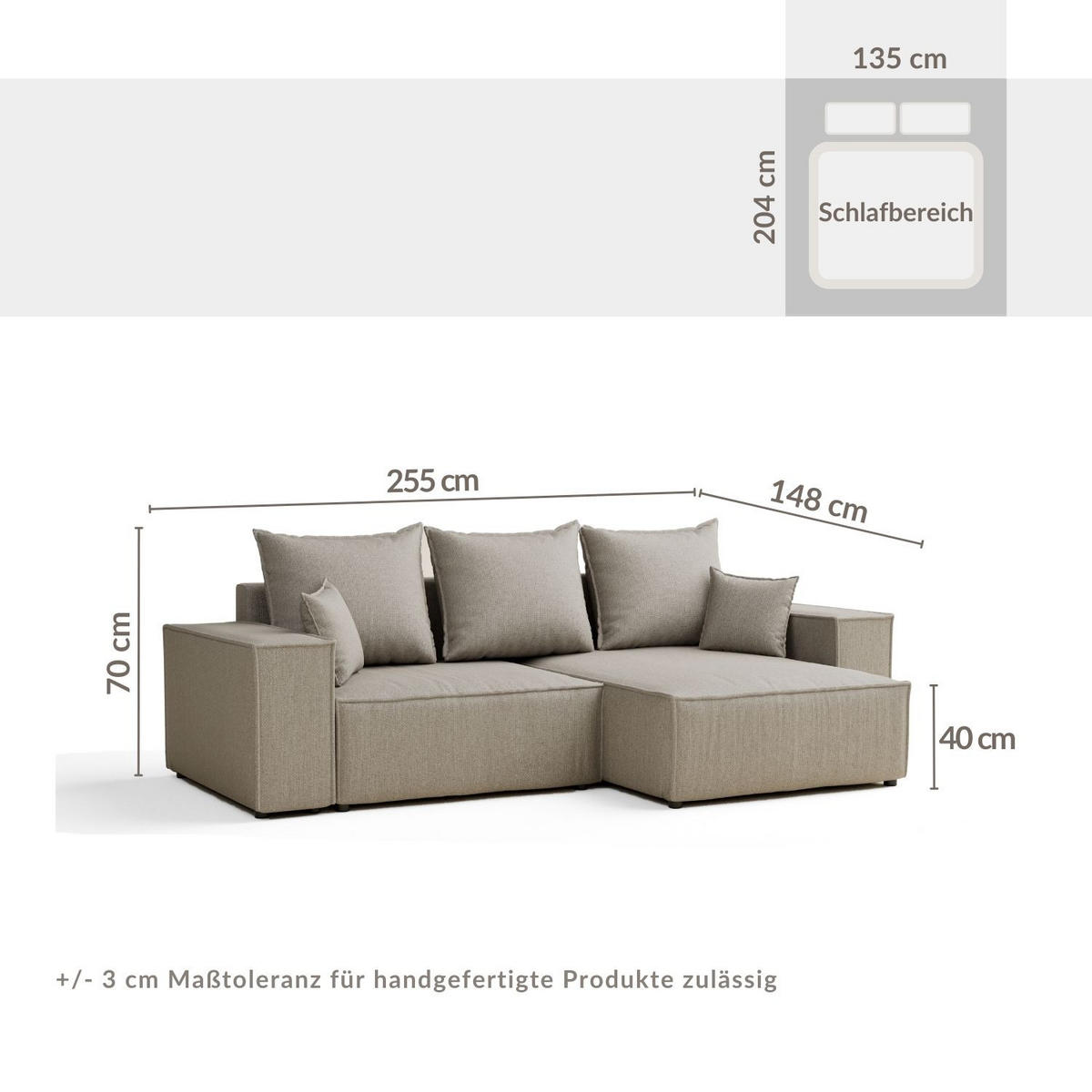 ECKSOFA MIT SCHLAFFUNKTION Moyo Grau Webstoff - Schwarz/Grau, Holz/Holzwerkstoff (255/148cm) - Maison de Reve
