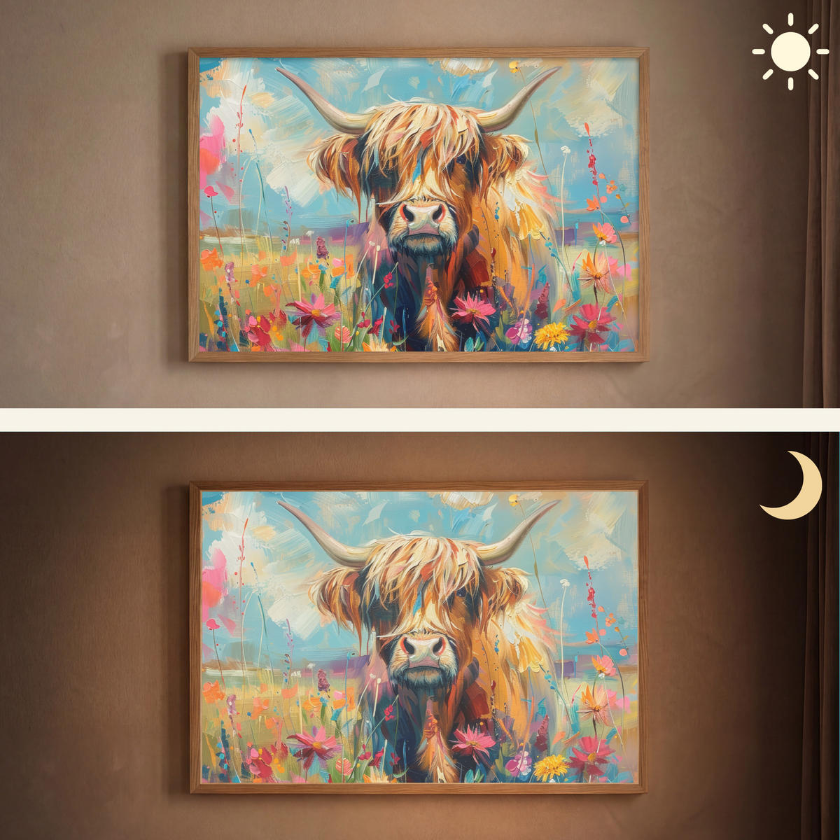 NÁSTĚNNÁ LAMPA S AKUMULÁTOREM Skotský horal - Příroda - Barevné - Květiny 90x60 cm - různobarevná, kompozitní dřevo (90/60/8cm) - OnlyWow