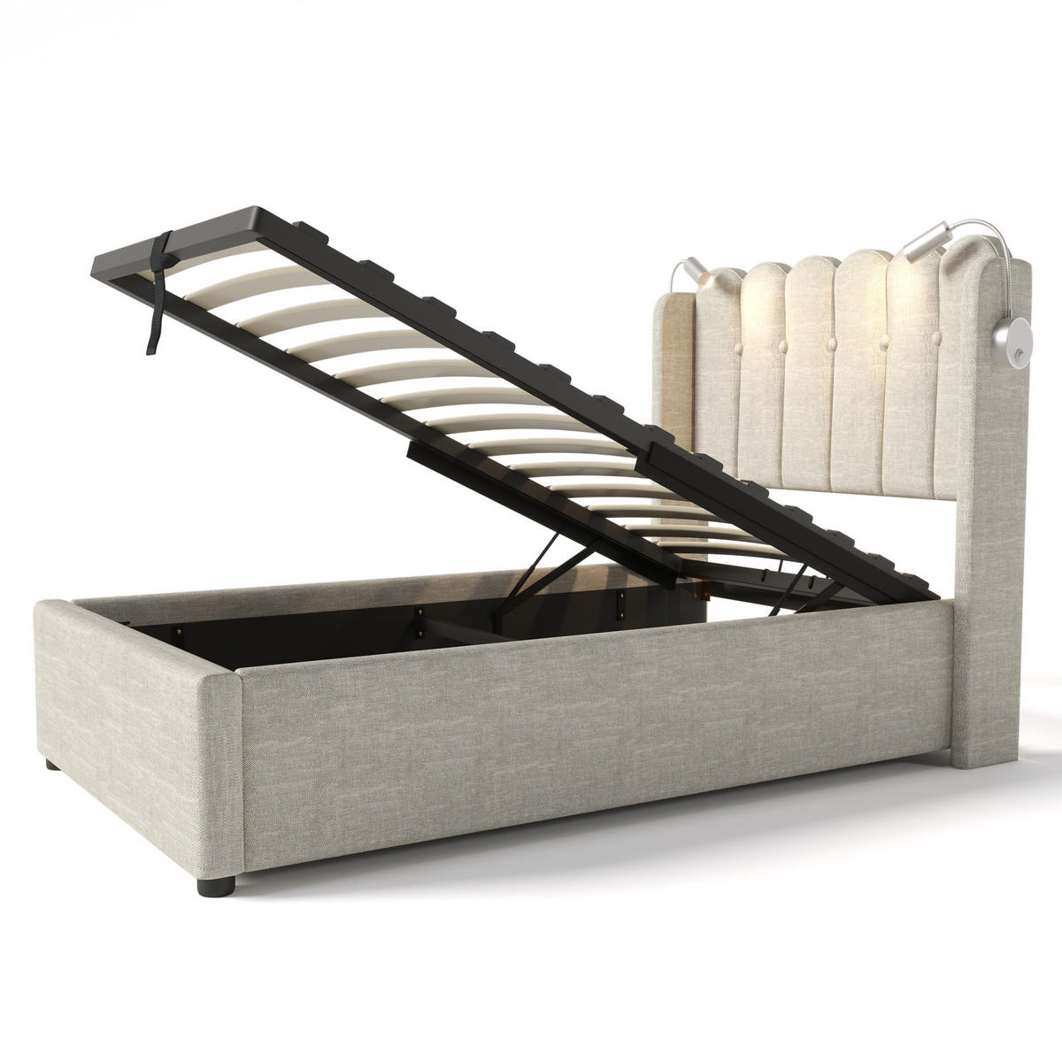 POLSTERBETT 90/200 cm mit Leselicht und Ladefunktion aus Leinen in Natur Ohne Matratze - Naturfarben, Textil (90/200cm) - OKWISH