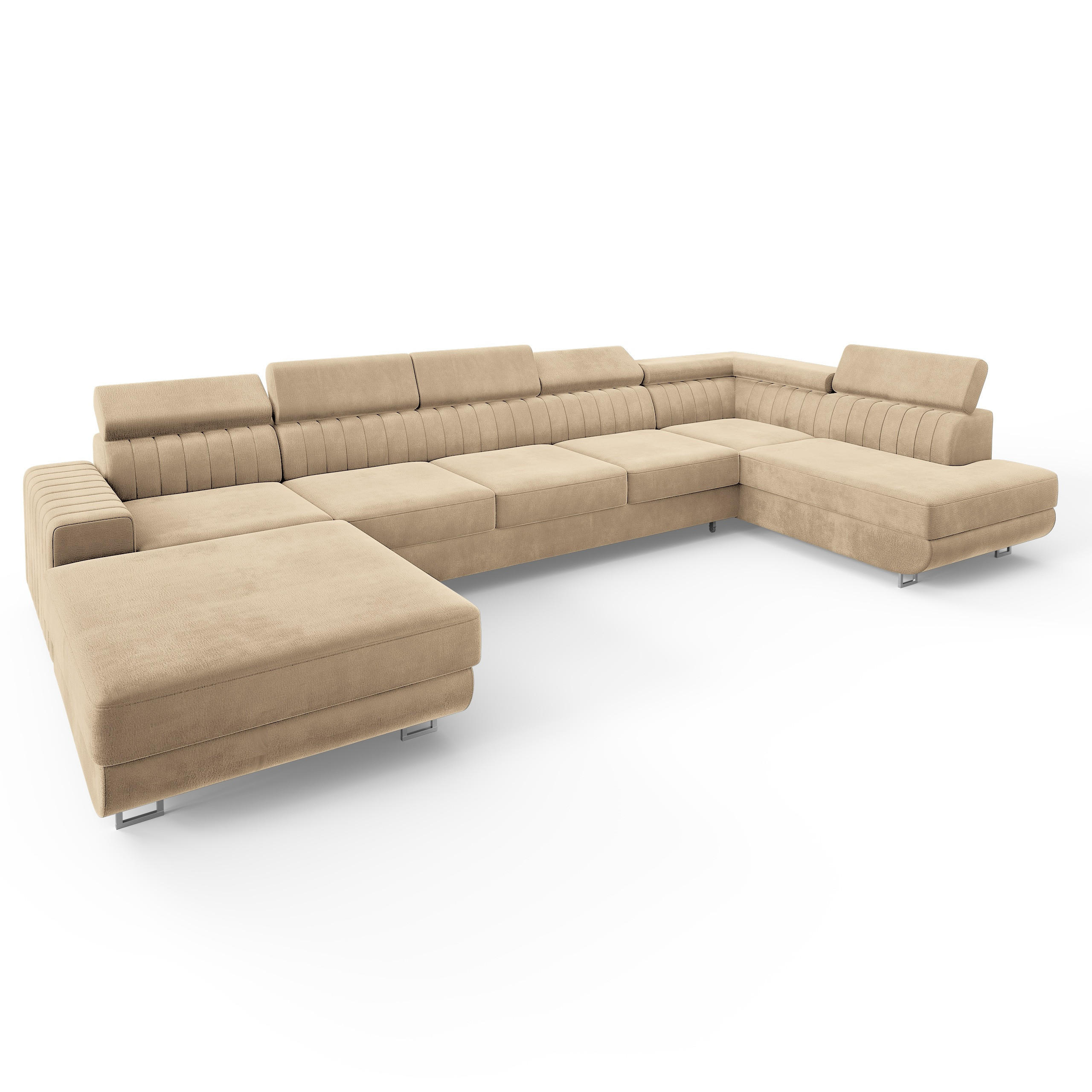 WOHNLANDSCHAFT GAIAN Creme Velours-Stoff mit Schlaffunktion - Creme, Holz (412/88/190cm) - MASSENO