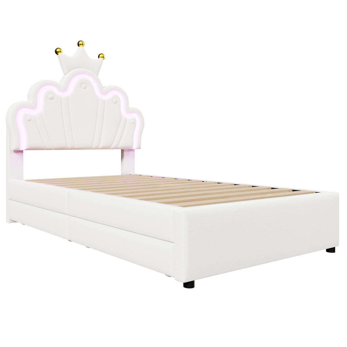 KINDERBETT Kindereinzelbetten 90/200 cm mit verstellbarem Kopfteil, LED-Beleuchtung, 2 Schubladen und PU-Bezug, Weiß - Weiß, Leder (90/200cm) - Redom