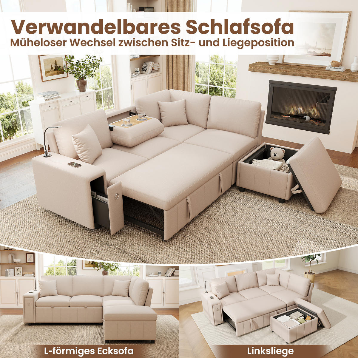 SCHLAFSOFA Beige L-Form USB Stauraum Tisch 2 Kissen - Beige, Textil (184/213cm) - FLIEKS