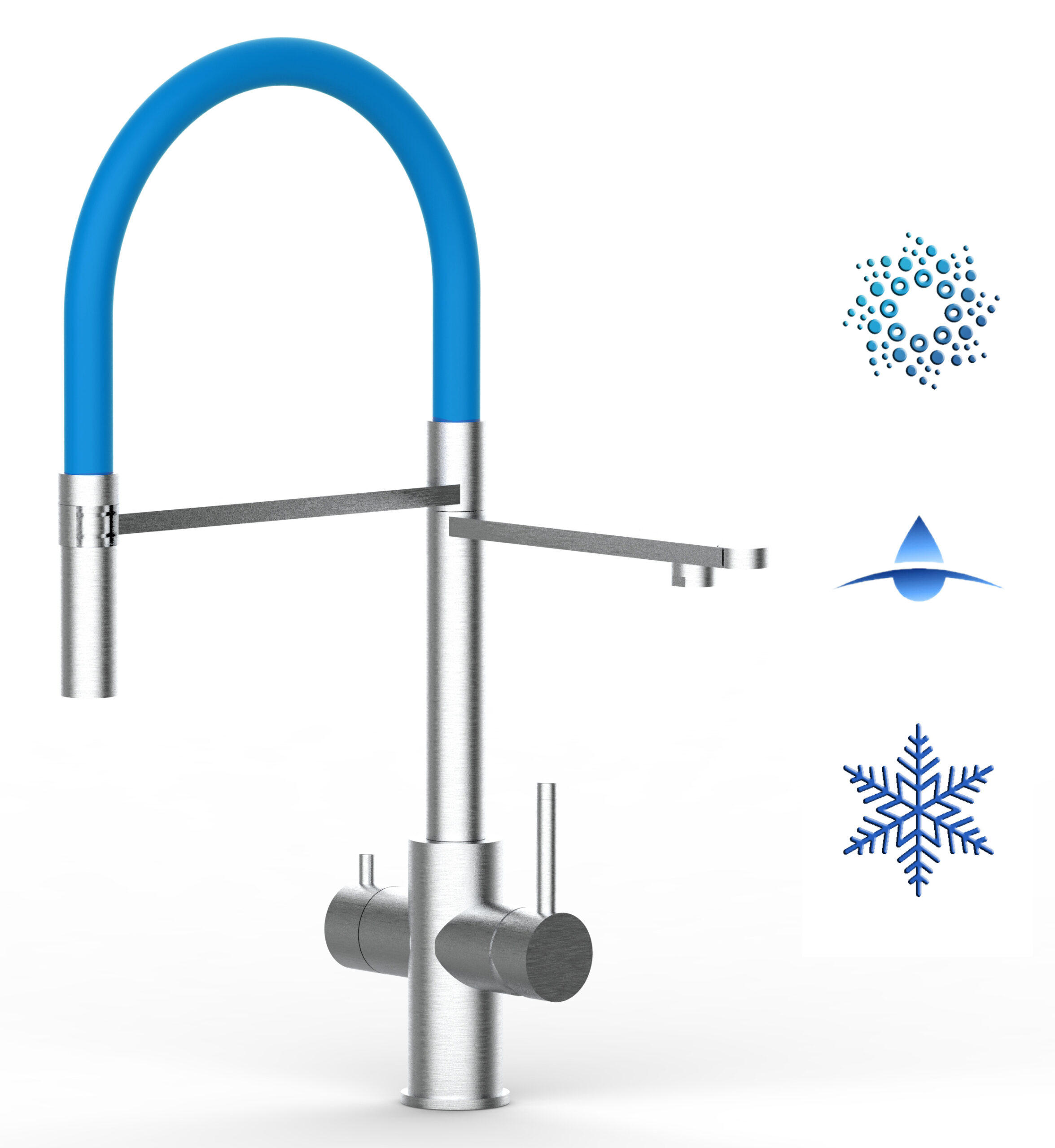 5-WEGE-KÜCHENARMATUR, Edelstahl Massiv aus Chirurgenstahl, Gebürstet und Hellblau, 2-Strahl-Brause - Hellblau, Metall (24/52.5/24cm) - VIZIO