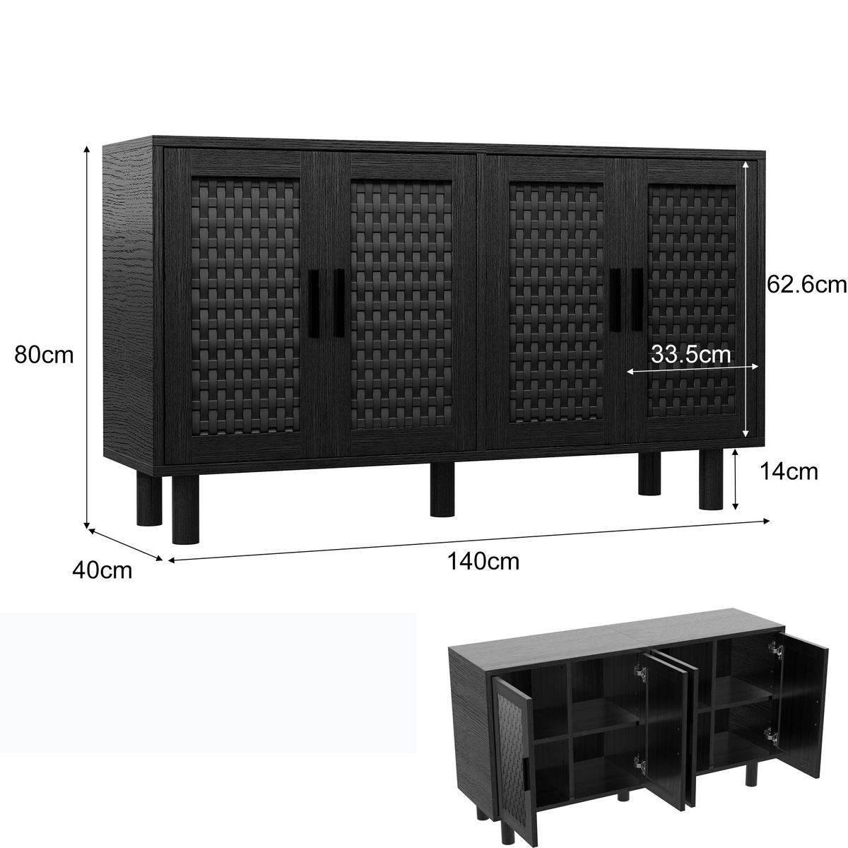 SIDEBOARD Japandi mit 4 Türen in Rattan-Optik 140/40/80 cm Schwarz - Schwarz, Holzwerkstoff (140/80/40cm) - Creahappy