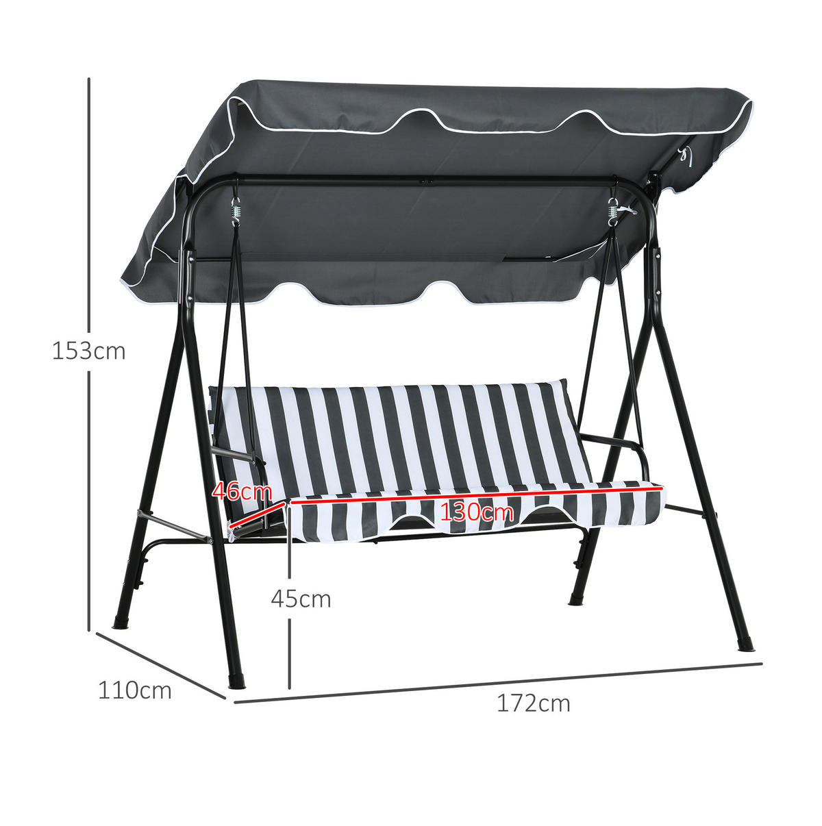 HOLLYWOODSCHAUKEL aus Polyester 172 x 110 x 153 cm in Grau mit neigbarem Sonnendach - Grau, Textil (110/153/172cm) - Modfu