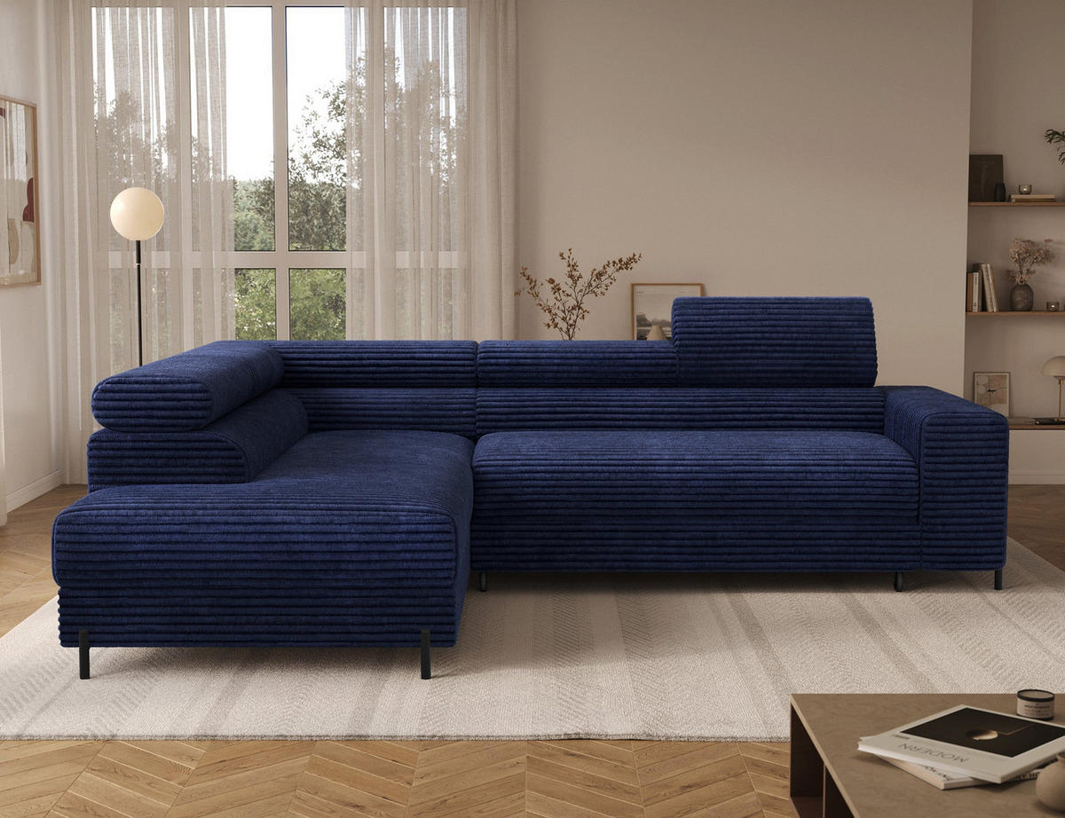 ECKSOFA COLESIO L-Form, Schlaffunktion, Bettkasten, verstellbare Kopfstützen, Wellenfederung, Metallfüße, breiter Cordstoff - Schwarz/Dunkelblau, Kunststoff/Metall (269/204cm) - Wohnideebilder