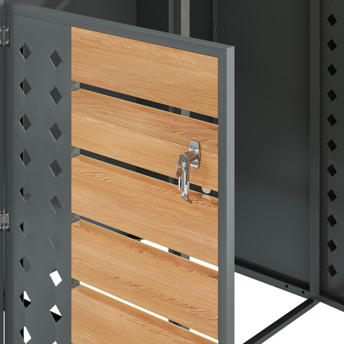MÜLLTONNENBOX aus Stahl in Grau/Holzoptik mit hydraulischem Klappdeckel 264x80x118,5 cm - Grau, Metall (264/118.5/80cm) - Modfu