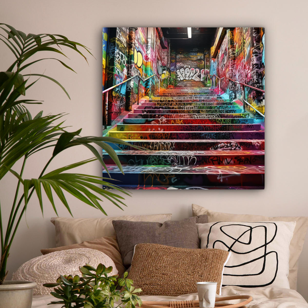 LEINWANDBILD Treppe - Graffiti - Farben - Kunst Deko Groß 90x90 cm - Multicolor, Textil (90/90cm) - MuchoWow
