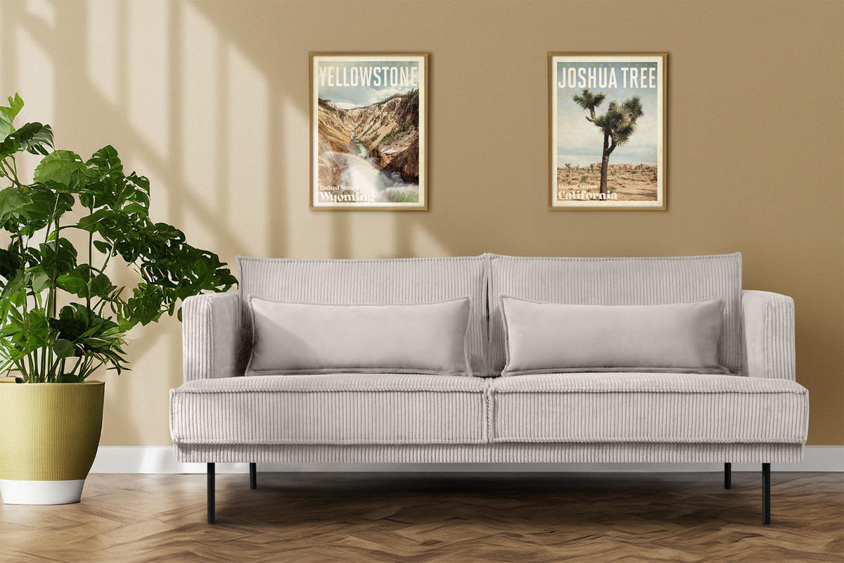 3-SITZER-SOFA GANZO 2 Kissen inklusive, Cord-Stoff, cremefarben - Creme/Schwarz, Textil/Metall (193/84/92cm) - KONSIMO®
