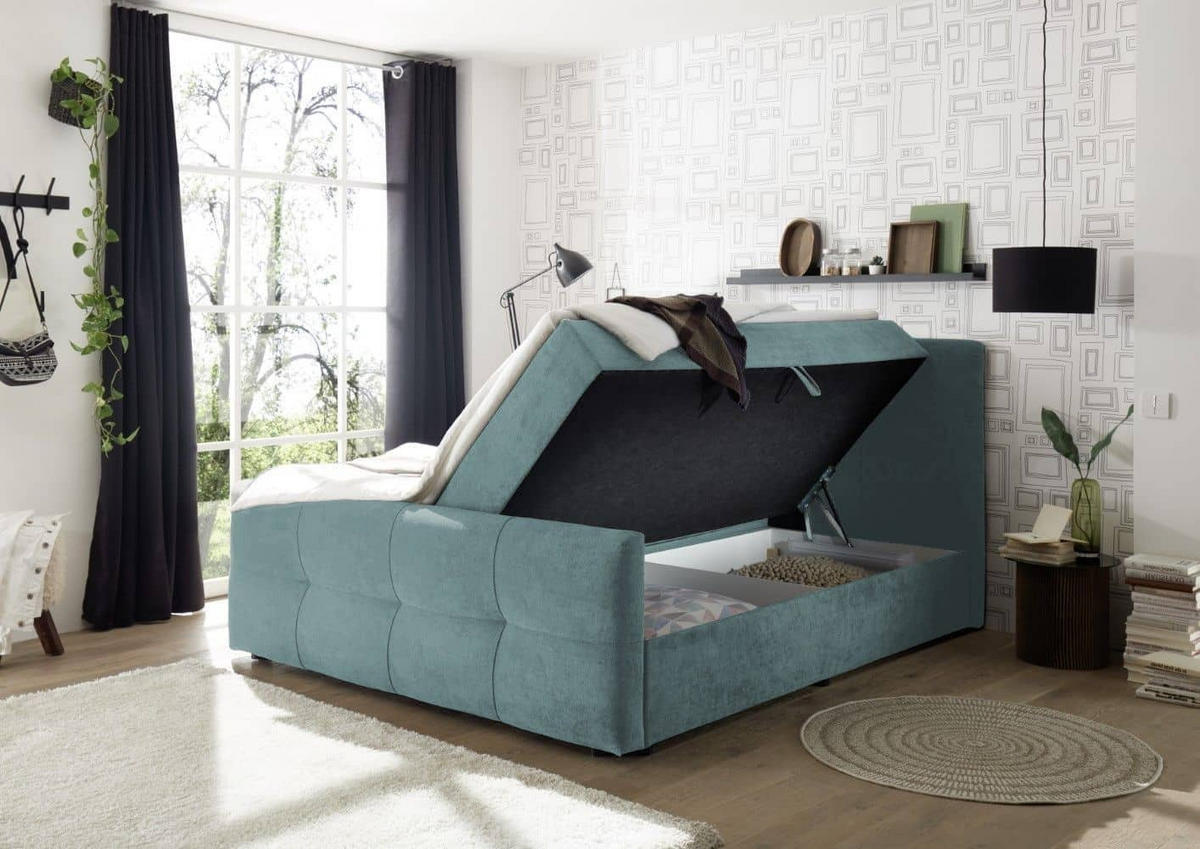 BOXBETT mit 9‑Zonen-Tonnentaschenfederkern-Matratze, HR-30-Topper, Bettkasten - Schwarz/Hellgrün, Holz/Kunststoff (160/200cm) - ed exciting design