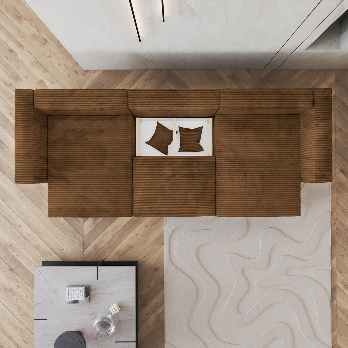 WOHNLANDSCHAFT SARMO Kupferfarben Kordstoff mit Schlaffunktion - Kupferfarben, Holz (347/90/148cm) - MASSENO