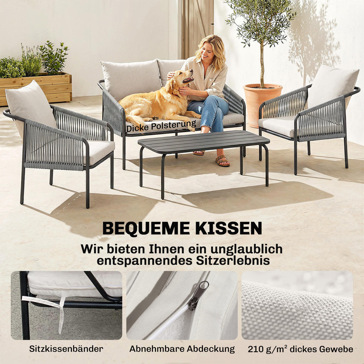 RATTAN-GARTENMÖBEL-SET 4er Set Stahl PE-Rattan Khaki - Hellgrau/Schwarz, Textil/Metall - Outsunny