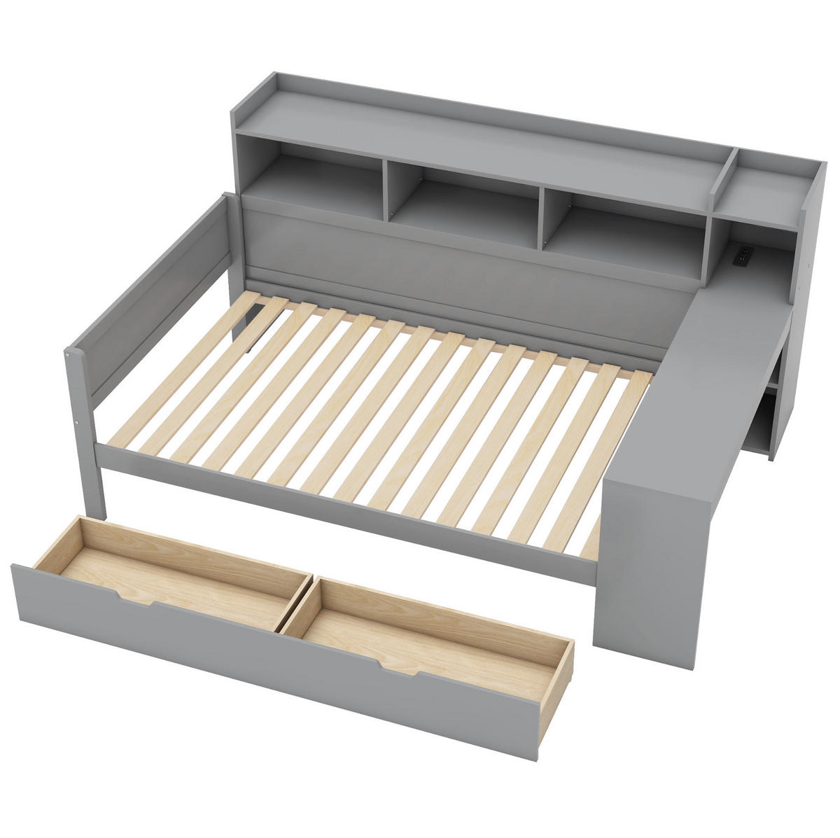 TAGESBETT 90/200 cm aus Holzwerkstoff mit Schreibtisch, USB-Anschluss, Steckdose und 2 Schubladen, Grau - Grau, Holzwerkstoff (90/200cm) - Redom