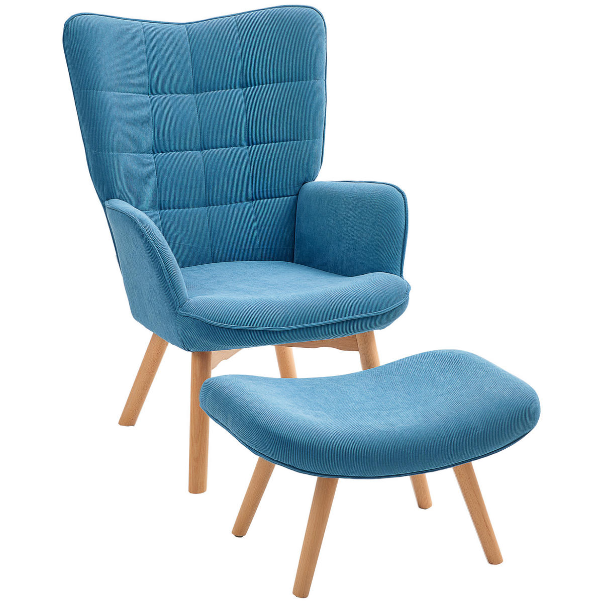 AKZENTSESSEL DE-07537 mit Hocker, Cord-Optik und Holzbeinen Blau - Blau, Textil (80/101/72cm) - ComfortXL