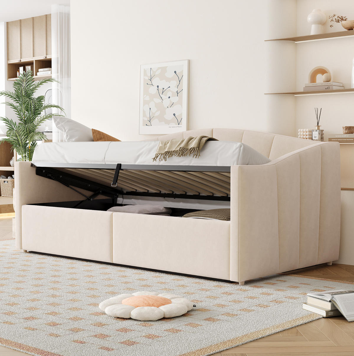 POLSTERBETT 90/200 cm mit hydraulischem Bettkasten, Lattenrost und Armlehnen aus Samt, Beige - Beige, Textil (90/200cm) - Redom