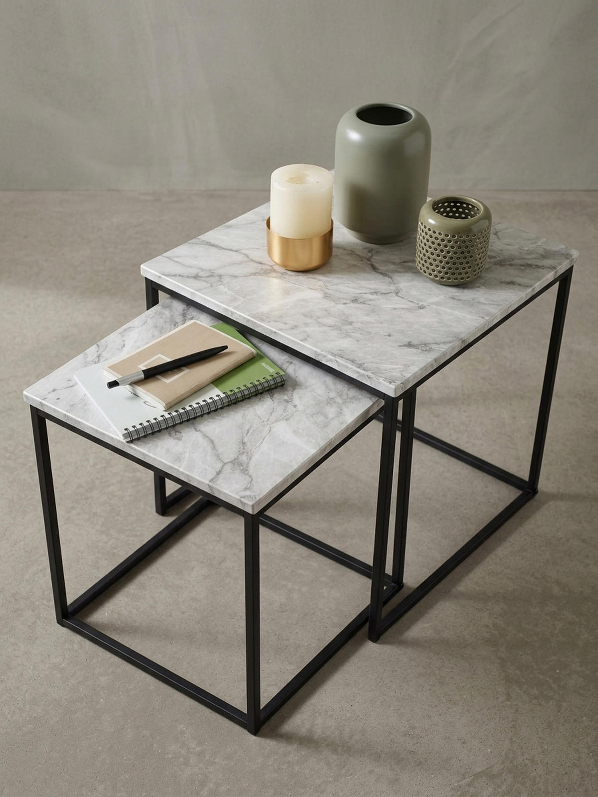 BEISTELLTISCH Set – 2-teilig Marmoroptik Metall 40x42,5x40 cm 35x39,5x35 cm - Schwarz/Weiß, Holz/Metall (40/40/42cm) - KADIMA DESIGN