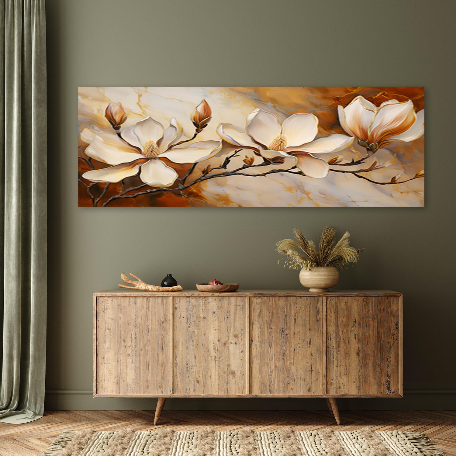 WANDBILD magnolien glamour zweig marmor - Beige, Textil (90/30cm) - Feeby