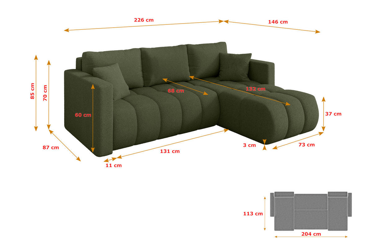 ROHOVÁ SEDAČKA s funkcí spaní, otoman vpravo GARD-L 226x146x85 zelená bouclé - černá/zelená barva, kompozitní dřevo/textil (226/146cm) - ALTDECOR