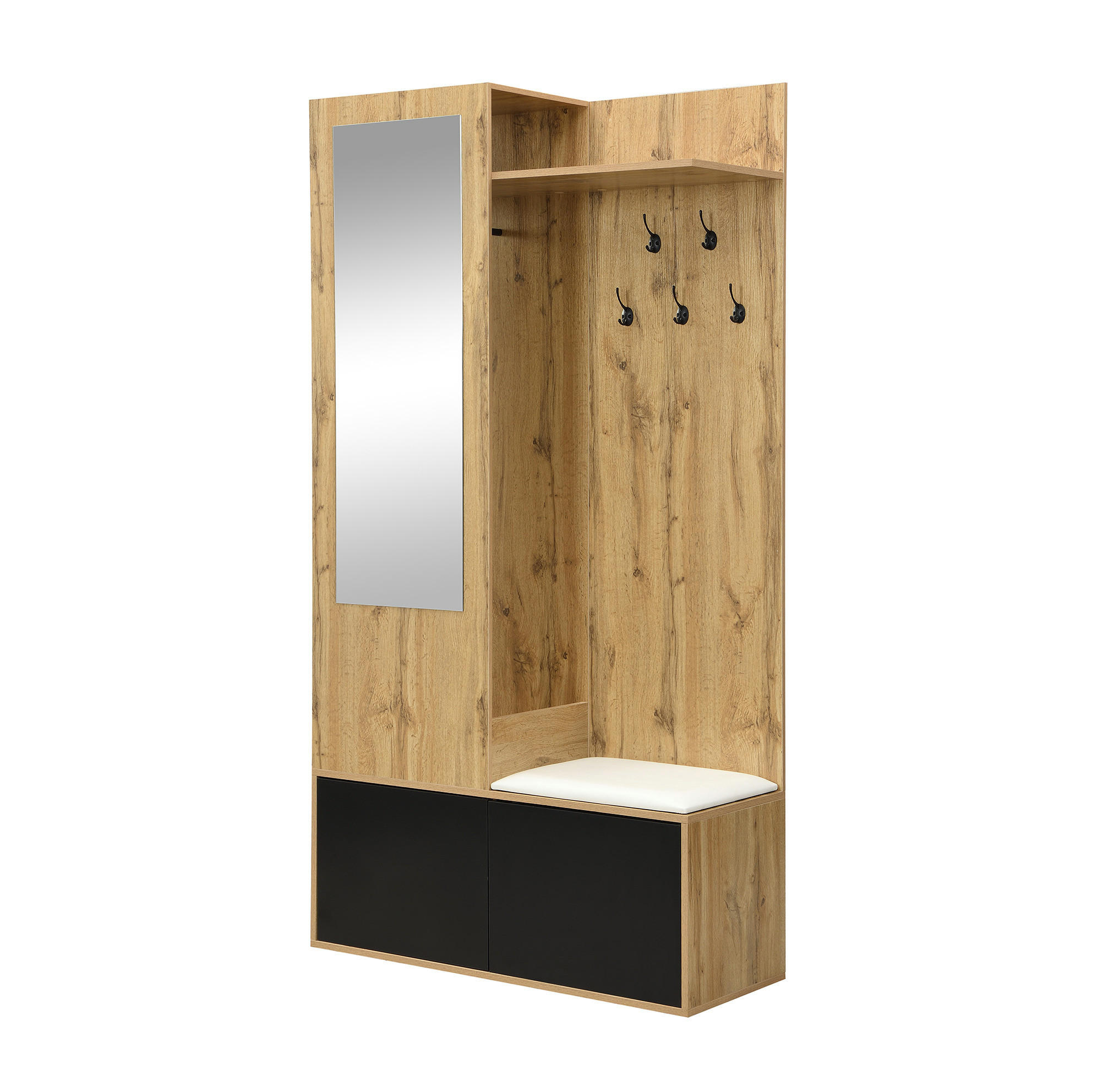 Modfu PŘEDSÍŇOVÁ sestava z MDF 100x38x191 cm černá a přírodní se zrcadlem, lavicí a botníkem
