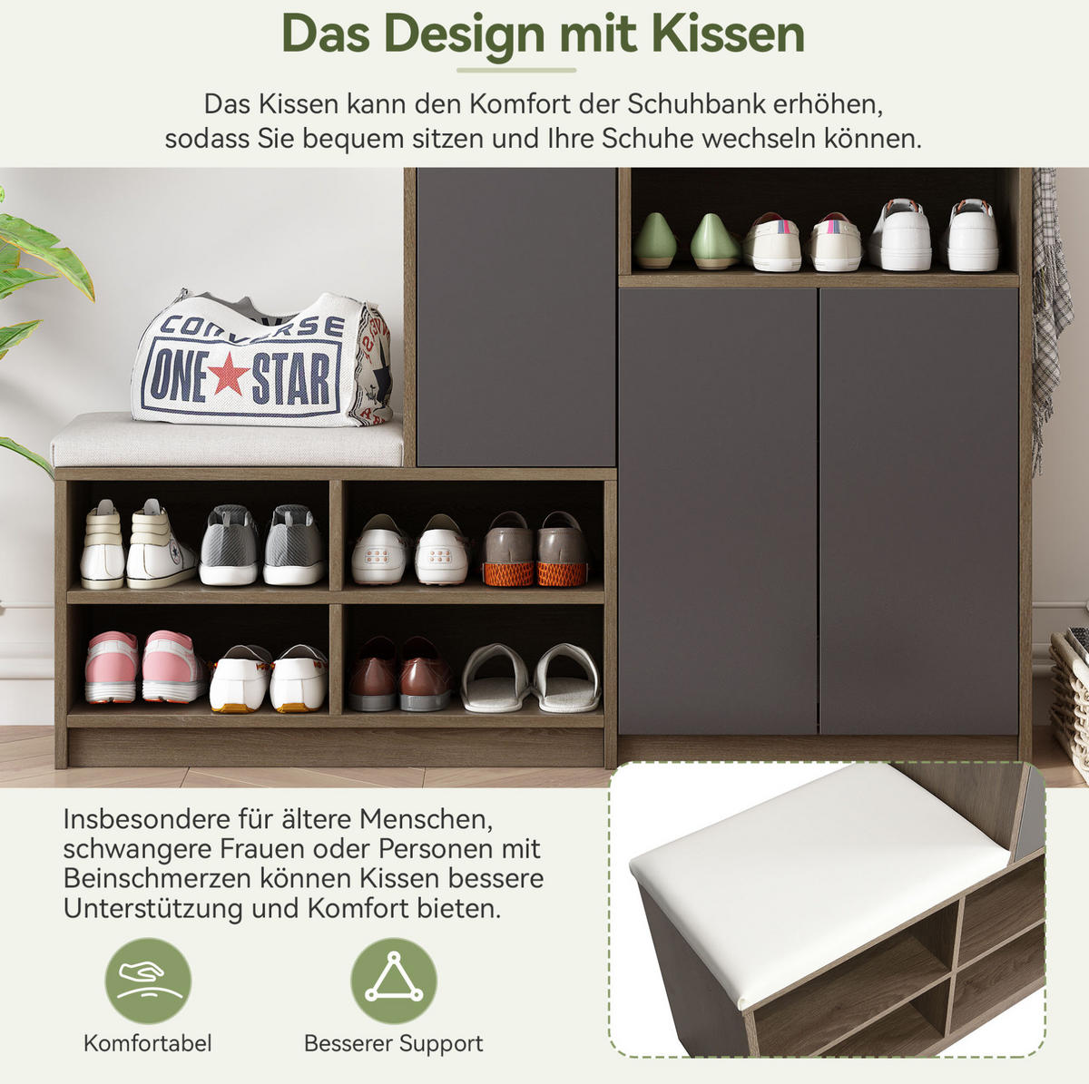 SCHUHSCHRANK 140/35/110 cm grau aus Spanplatte mit Sitzkissen - Grau, Holzwerkstoff (35/110/140cm) - OKWISH