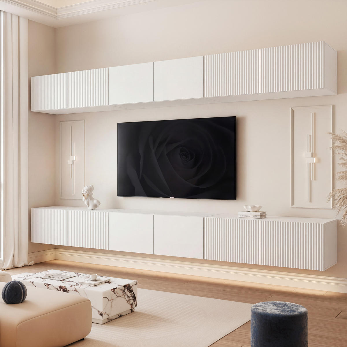 TV-LOWBOARD ANGEL IX mit LED-Beleuchtung, 300 cm Weiß matt - Weiß, Holzwerkstoff (300/36/40cm) - Idohome