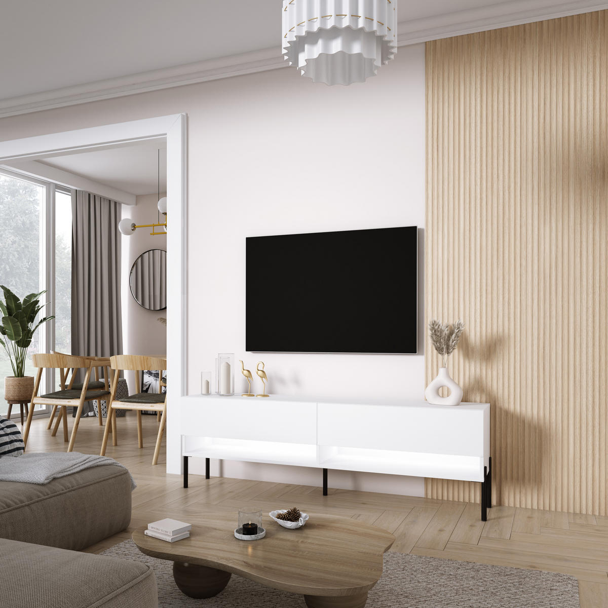 TV-LOWBOARD 170 cm Mattweiß, gerade schwarze Beine, weiße LED, 170 × 32 × 52 cm - Weiß, Holzwerkstoff (170/52/32cm) - 3XE LIVING