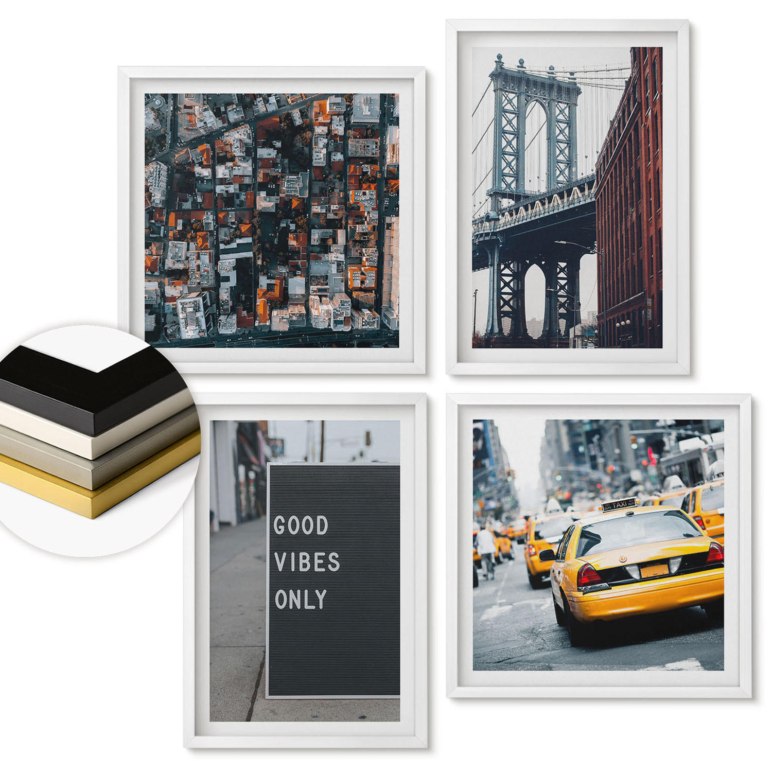 WANDBILDER 4er-Set - 50x50 cm & 40x60 cm Weißer Rahmen - Brückenstadt-Inschriften aus der Vogelperspektive - Weiß, Kunststoff (50/50cm) - ArtPrintCave