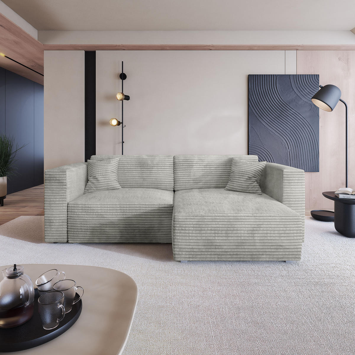 ECKSOFA NERIO Hellgrau Kordstoff mit Schlaffunktion - Hellgrau, Holz (245/148cm) - MASSENO