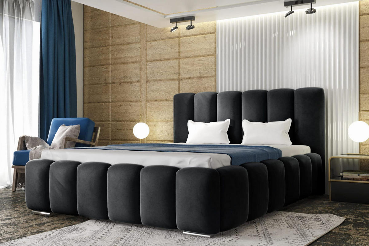 POLSTERBETT BARON mit Kopfteil, 200 x 200 cm, Doppelbett mit Bettkasten und Lattenrost aus Metall, Velourstoff, Frabe: Schwarz - Schwarz, Holz/Kunststoff (200/200cm) - Agmat-Furniture