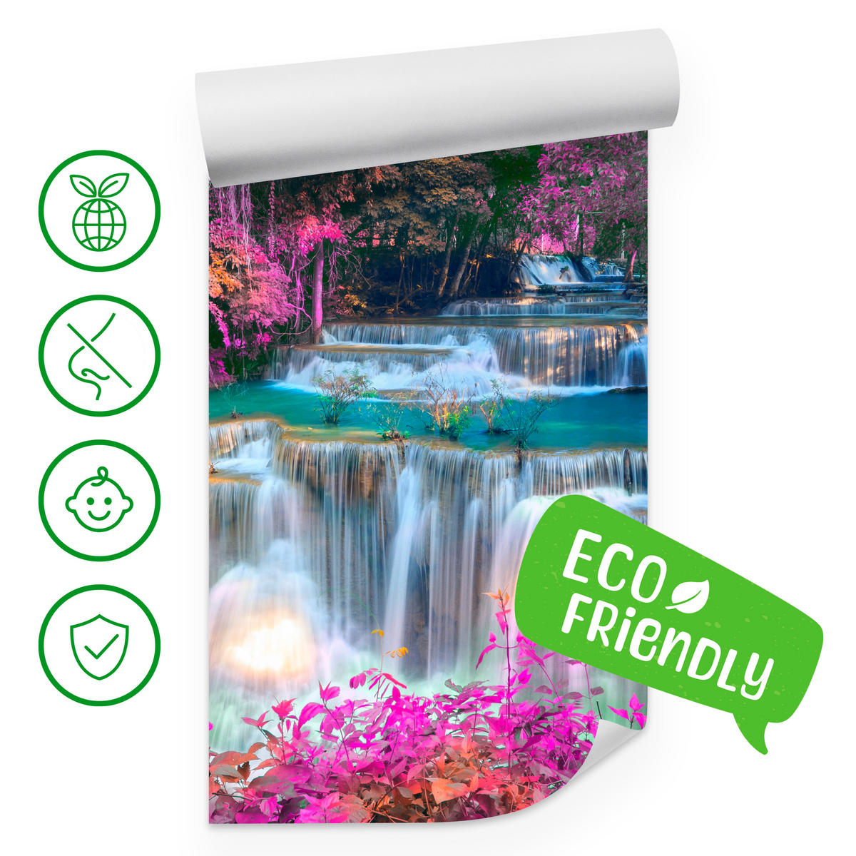 FOTOTAPETE für Schlafzimmer Wasserfall Pinker Wald Fantasie 500x350 - Türkis/Beige, Papier (500/350cm) - Muralo