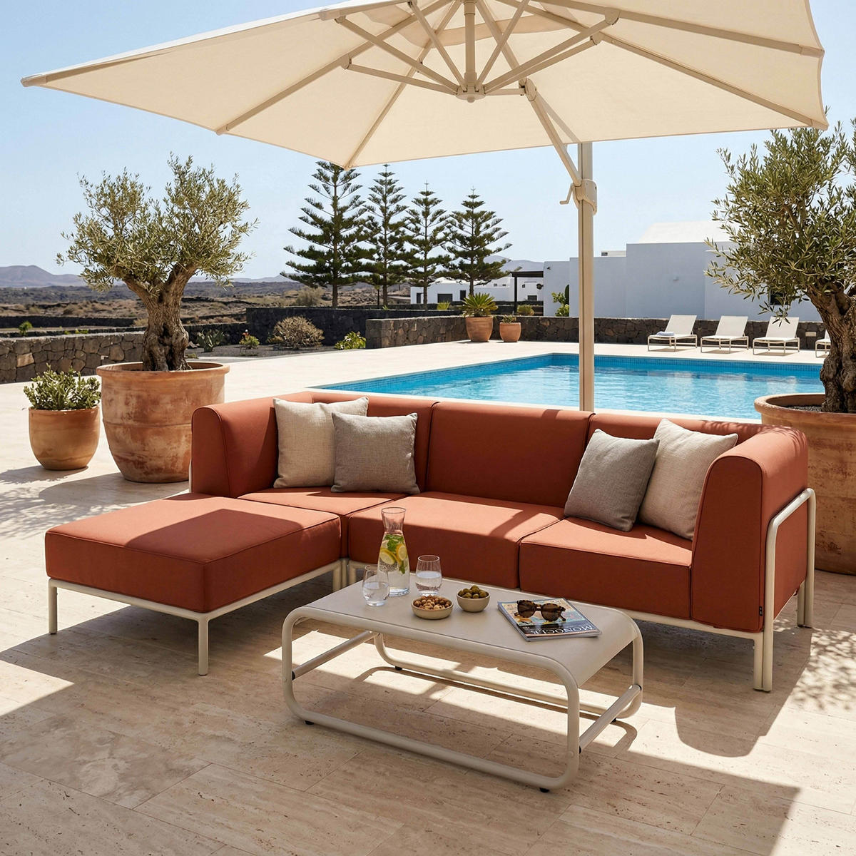 GARTENSOFA mit 4 Sitzplätzen, Terrakotta - Rot, Textil (80/78/216cm) - Oviala