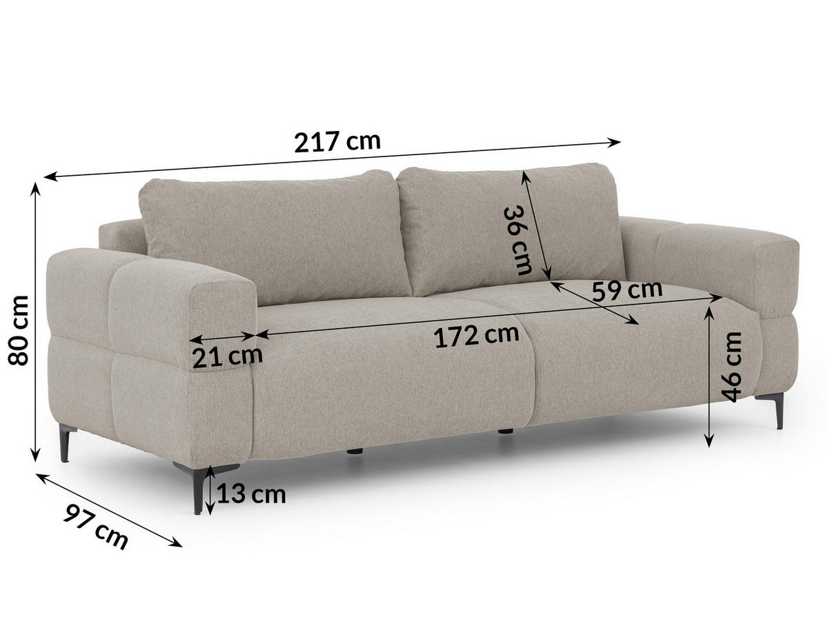 3-SITZER-SOFA Cardea in Bubble-Optik aus weichem Taupe Strukturstoff mit hohem Sitzkomfort - Taupe/Schwarz, Holz/Textil (217/80/97cm) - S-Style Möbel