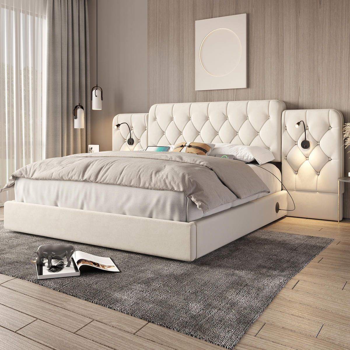 POLSTERBETT 180/200 cm in Beige Samt mit Bettkasten, Leselampe und USB - Beige, Holzwerkstoff/Textil (180/200cm) - WISHDOR