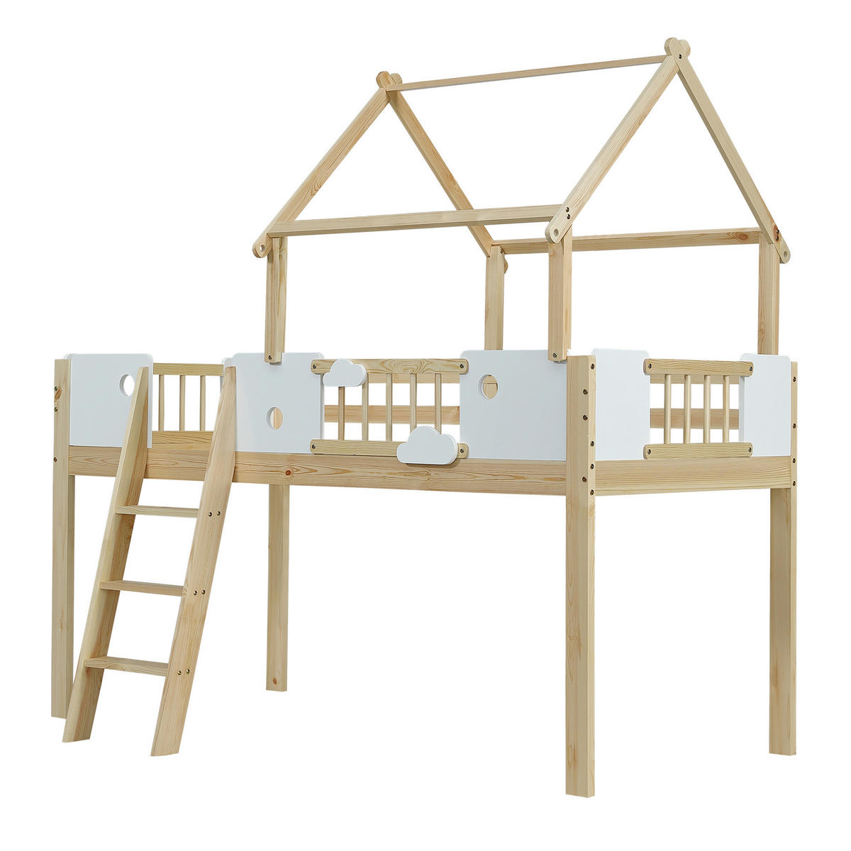 HOCHBETT 90/200 cm in Weiß & Natur Kinderbett mit Fallschutz, Leiter und Dachdesign - Weiß/Naturfarben, Holz/Holzwerkstoff (90/200cm) - STILVORA